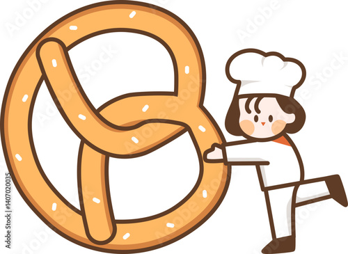 Hand drawn cute bakery chef girl holding pretzel cartoon art illustration logo template