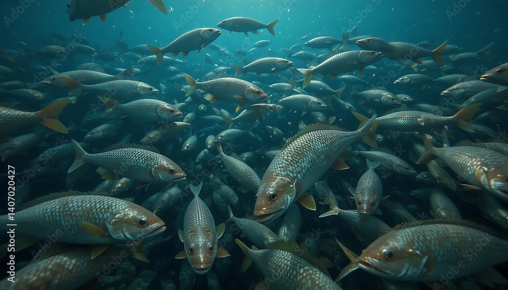 Fototapeta premium Submerged Silver Fish School: An Aquatic Serene Tableau