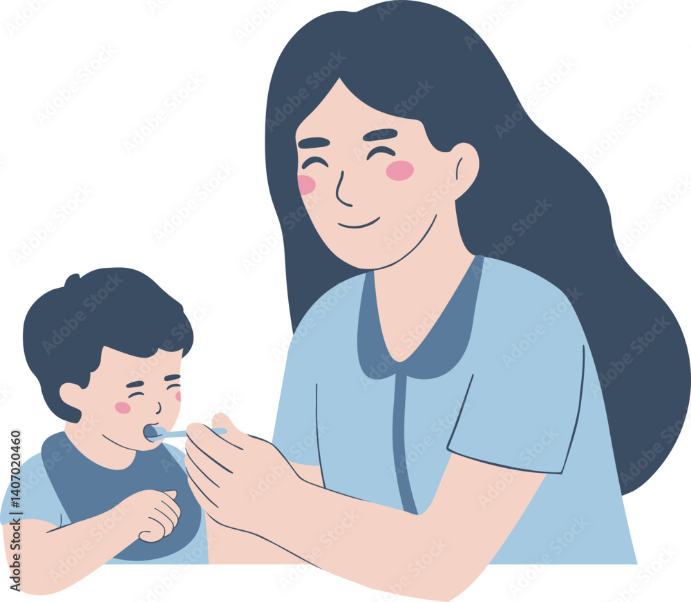 Fototapeta premium Mother Feeding Child Cartoon Illustration