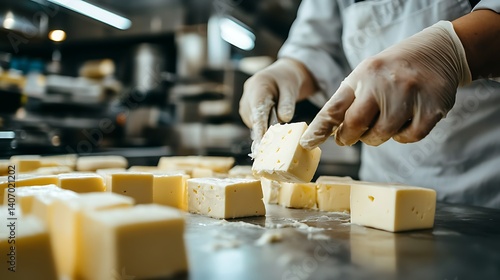 industrial dairy kitchen with a professional worker handling fresh cheese production and packaging for commercial sale and healthy eating