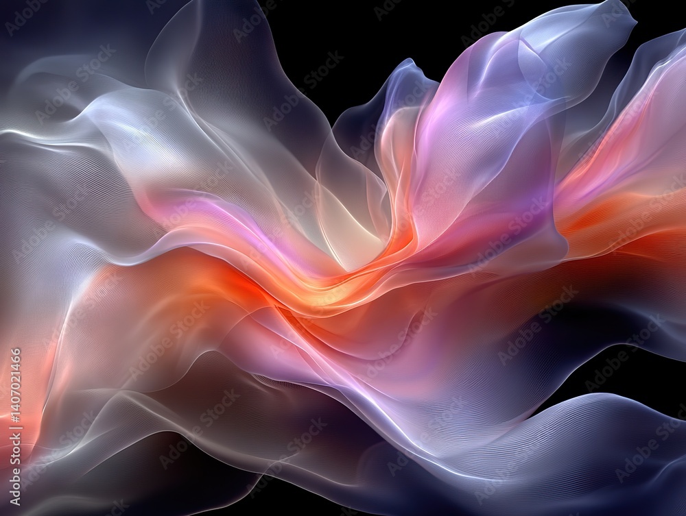 Obraz premium Soft Gradient Abstract Background - Ethereal White Pink Orange Flow on Black, Modern Digital Art Texture for Posters/Web Design/Branding/Cultural Projects