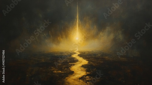 Golden Light Beam Over Dark River Landscape