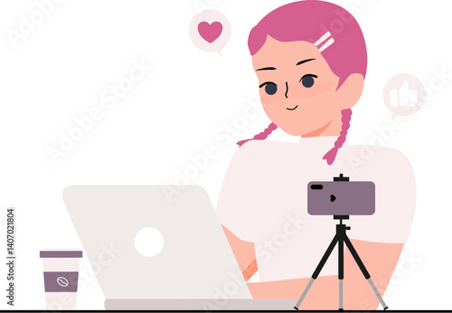 Content creator concept. Influencer woman with laptop smartphone vlogging and blogging illustration