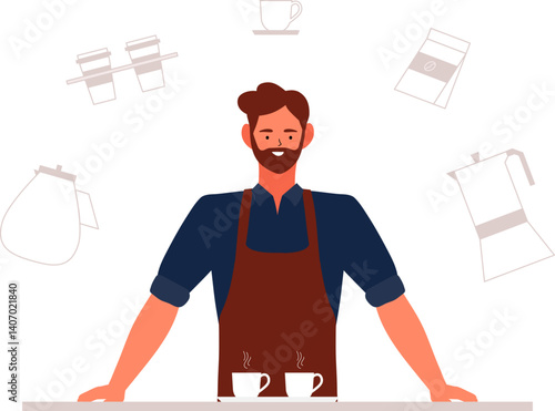 Coffee shop small business Barista man in apron, cafeteria Worker machine accessories coffee house