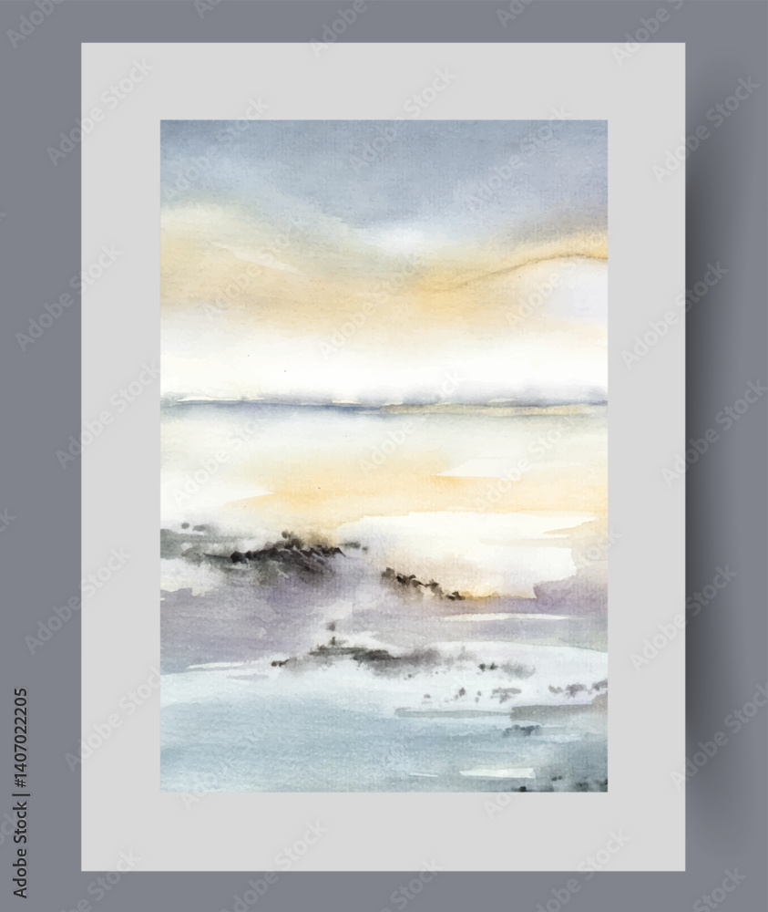 Sunset over sea water or ocean near coast and beach on wall art. Watercolor artwork. Print with seascape and ocean in warm summer weather inspiring calm and comfort, in frame with decor for poster
