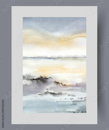 Obraz na płótnie Sunset over sea water or ocean near coast and beach on wall art. Watercolor artwork. Print with seascape and ocean in warm summer weather inspiring calm and comfort, in frame with decor for poster w salonie