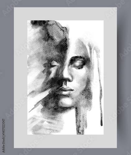 Obraz na płótnie Woman face with closed eyes is drawn with dark ink on wall art. Watercolor print. Artwork with portrait of beautiful woman showing fatigue or pessimism, in frame with decor for poster w salonie