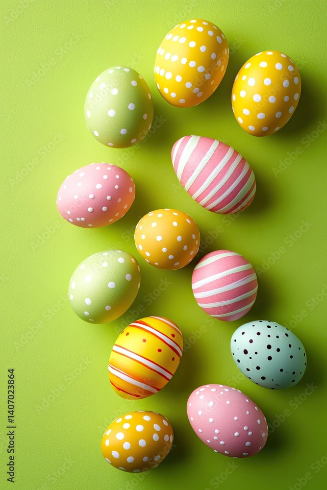 Obraz premium Assorted Easter Eggs with Stripes and Dots on Light Green Paper Background, Flat Lay