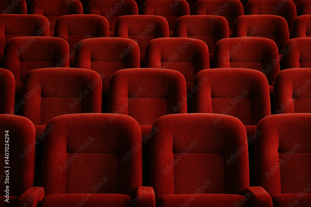 Fototapeta premium Symmetrical red velvet cinema seats in quiet empty theater interior