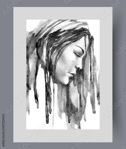Obraz na płótnie Face of pensive woman with eyes closed, thinking about life on wall art. Watercolor artwork. Print with portrait of long-haired thoughtful woman experiencing stress, in frame with decor for poster w salonie