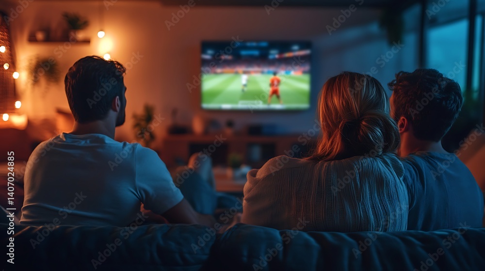 Obraz premium sports fans watching a football match on tv at home cheering celebrating and enjoying the excitement of the game with friends in a relaxed atmosphere
