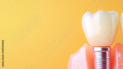 Demonstration of a dental implant, highlighting the titanium base and ceramic crown, set against a bright yellow backdrop for clarity