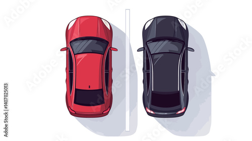 The image shows a digital illustration of two cars viewed from directly above.  One car is red and the other is black. They are parked parallel to each other