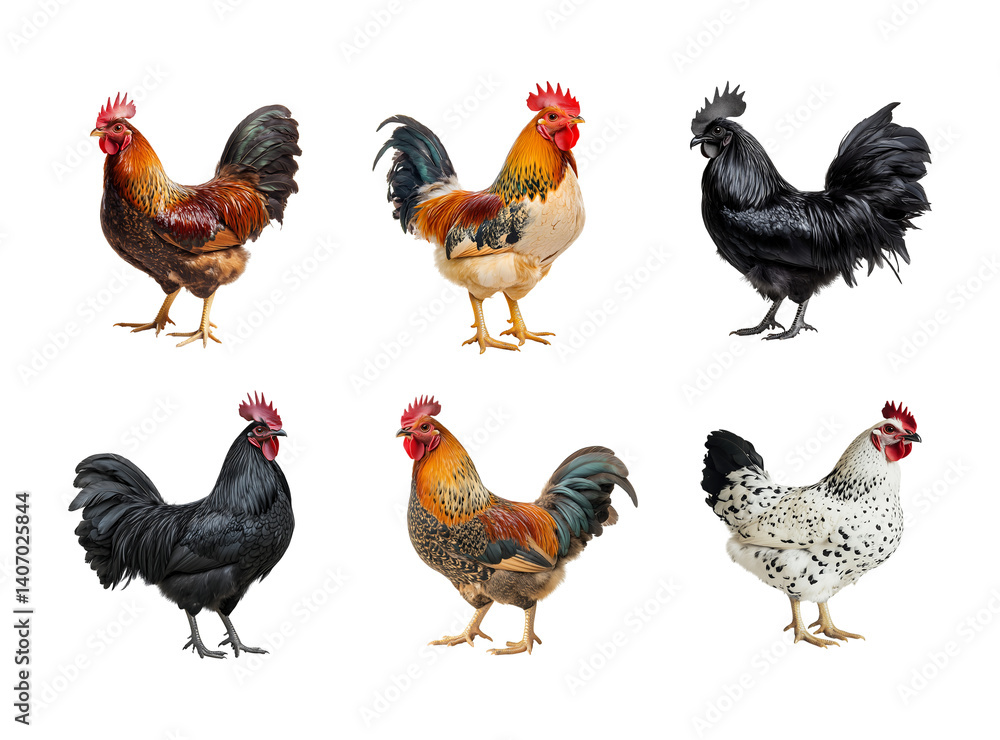 Fototapeta premium Roster chicken standing set collection on transparent background 