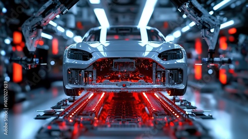 Robotic arms assembling a car chassis on an advanced automobile production line, futuristic factory, ultra-HD