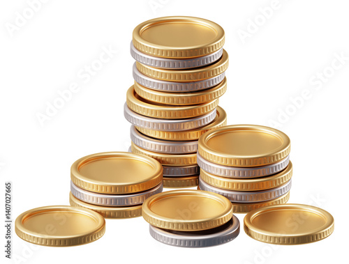3D Coin Money Stack and Investment Finance Isolated Transparent Png Background with Financial Cash Banking and Business Currency.