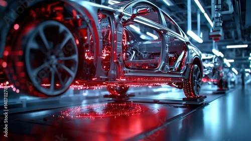 Robotic arms assembling a car chassis on an advanced automobile production line, futuristic factory, ultra-HD