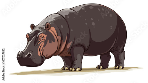 A full-body illustration of a hippopotamus. The illustration is rendered in a cartoon or semi-realistic style with visible shading and textural details on the skin.