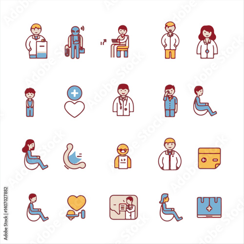 Healthcare icon set diverse medical conditions, accessibility features, telehealth.  Includes symbols for disabilities, remote monitoring, virtual consultations.  Friendly style, consistent