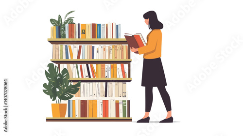 A vector illustration depicting a young woman standing next to a tall bookshelf filled with numerous books. She is holding a book, seemingly engaged in reading.  The style is minimalist and flat,
