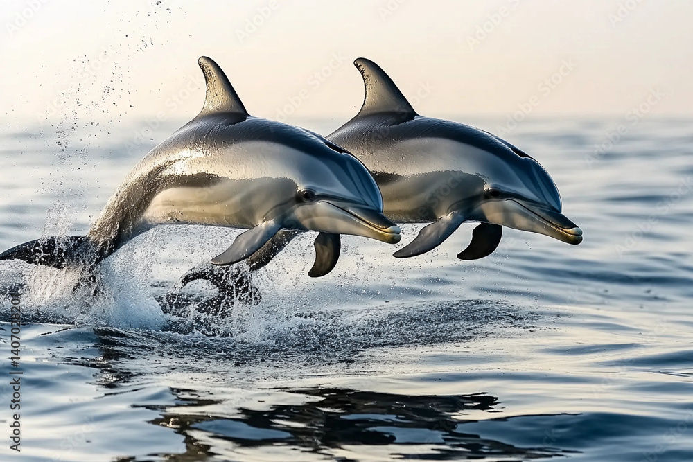 Fototapeta premium Dolphins jumping and playing together in calm ocean waters during early morning light