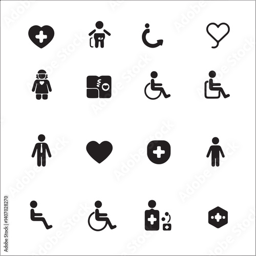 Modern flat design healthcare icons in classic black and white.  The icon set comprehensively illustrates diverse medical conditions, accessibility features, telehealth, disabilities, remote patient 
