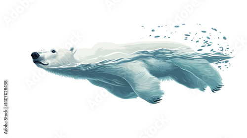 A stylized illustration depicts a polar bear swimming underwater. The bear is predominantly white, with subtle shading suggesting form and texture. The water is rendered in shades of teal and blue,