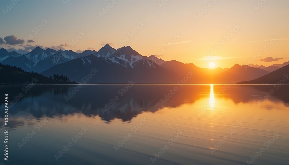 Fototapeta premium Serene Sunset: Mountain Lake Reflection in Golden Hues