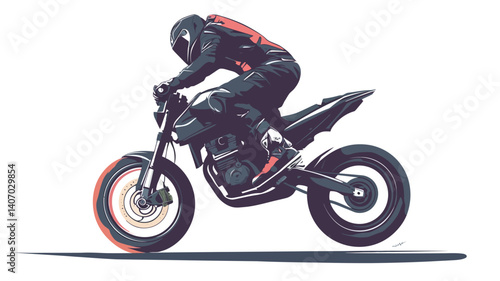Illustration of a motorcycle rider in mid-air, performing a jump. The rider is wearing a full racing suit and helmet. The motorcycle is dark-colored with visible details.