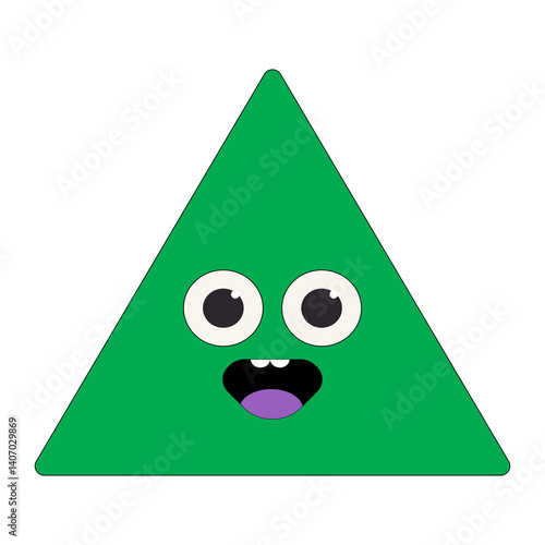 Green triangle cartoon with wide eyes and happy smiling face
