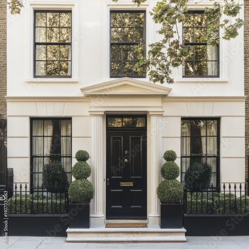 Georgian townhouse exterior with symmetrical sash windows, Portland stone faÃ§ades, and a glossy black door flanked by topiary cones. 