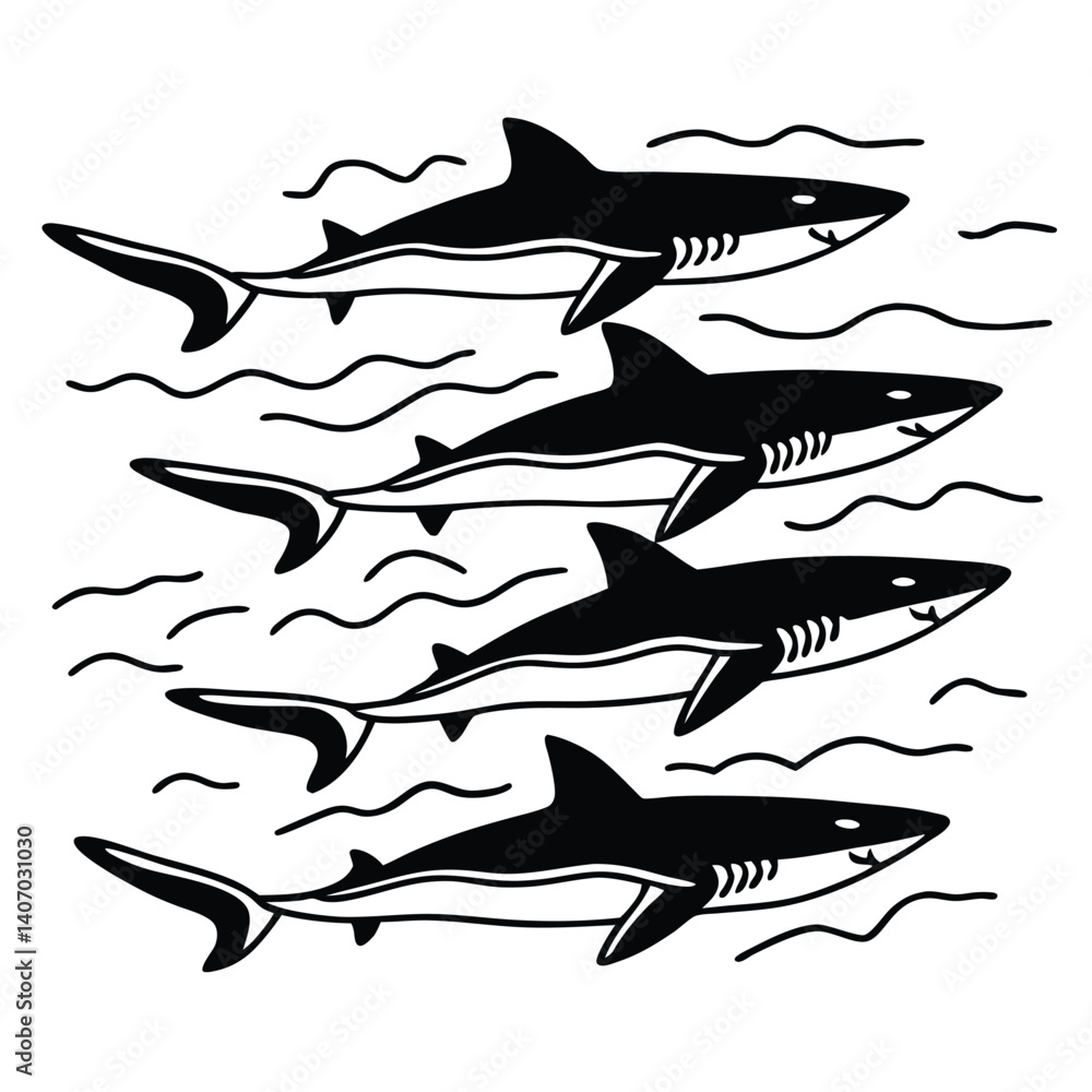Fototapeta premium A School of Sharks Swimming Gracefully Through Ocean Waves Artistic Black and White Illustration