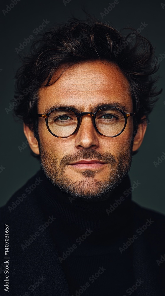 Portrait of a man with glasses, black turtleneck, dark hair and light eyes, neutral backdrop Portrait of a man with glasses, black turtleneck, dark hair and light eyes, neutral backdrop