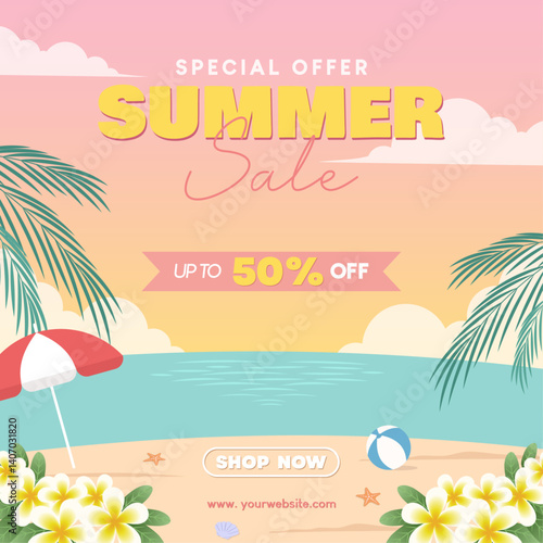 Summer sale discount offer with beach items for social media and shopping event promotions. Vector illustration summer sale with sunset beach theme.