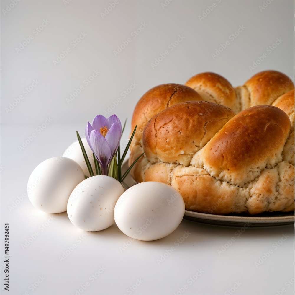 Easter bread wreath, white eggs, and purple crocus, traditional and festive, arranged, on a white surface Easter bread wreath, white eggs, and purple crocus, traditional and festive, arranged, on a white surface