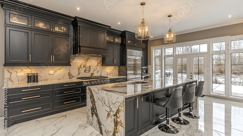Modern dark kitchen island with marble countertops and outdoor views