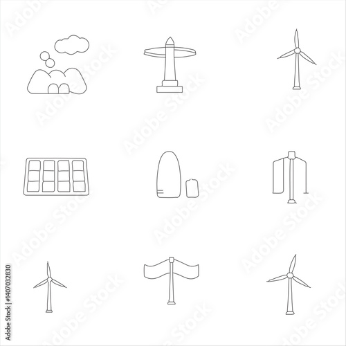 A minimalist line icon set of nine icons each of carbon capture, solar panels, wind turbines, biomass converters, geothermal systems, and smart grids. Use a smooth gradient transition, geometric shape