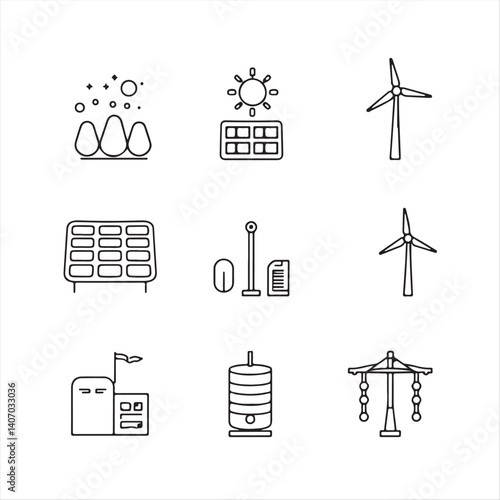A minimalist line icon set depicting sustainable technology carbon capture, solar panels, wind turbines, biomass converters, geothermal systems, and smart grids.  The icons utilize a consistent stroke