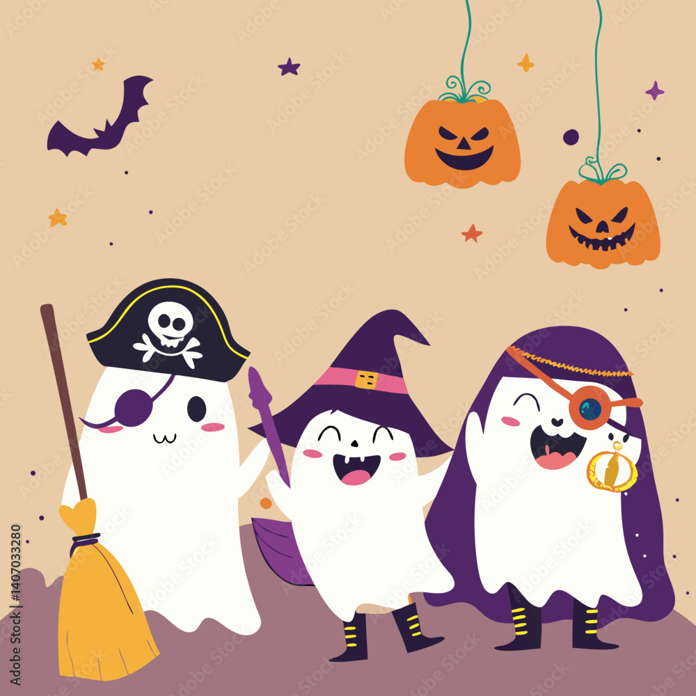 Obraz premium Cute cartoon ghost characters dressed in fun Halloween costumes like pirates, witches, and clowns.