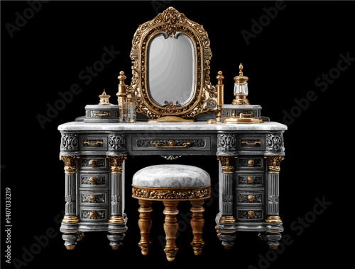 Luxurious Vanity: A Regal Dressing Table with Ornate Mirror