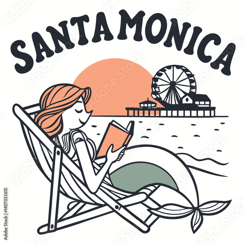 Santa Monica Illustration Mermaid Relaxing In Beach Chair Reading A Book
