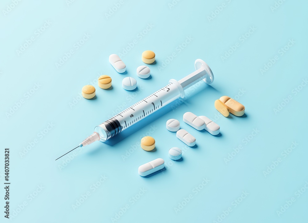 3d icon of syringe and pills on blue background for international nurses day 3d icon of syringe and pills on blue background for international nurses day