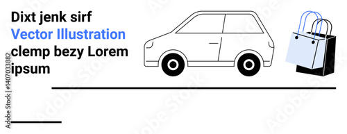 Compact car facing shopping bags indicating connection to shopping, delivery, or e-commerce. Ideal for retail, logistics, transportation, delivery services, online shopping, customer convenience