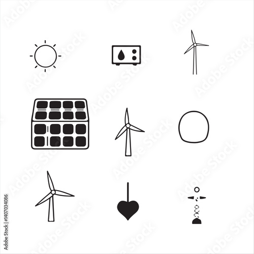 Design a black and white minimalist icon set for sustainable technology. The icons should depict carbon capture, solar panels, wind turbines, biomass converters, geothermal systems, and smart grids