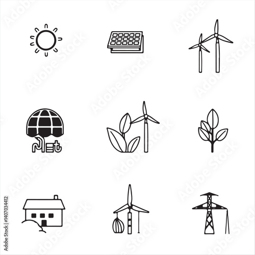 Develop a black and white minimalist line icon set featuring sustainable technology carbon capture, solar, wind, biomass, geothermal, and smart grids.  The style should be modern and elegant