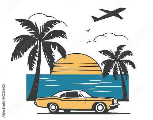 Retro beach scene with classic yellow car, palm tree, airplane flying over sunset, minimalist black and white line art with warm accent tones, summer travel concept, vintage coastal illustration

