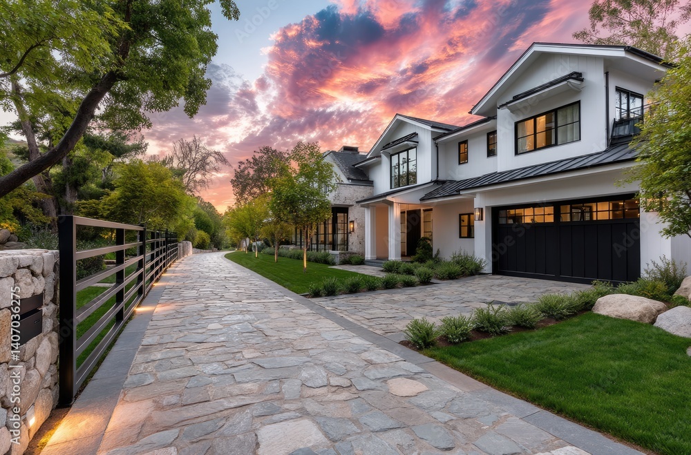 A beautiful two-story modern home in Palm Beach, Florida, with lights on and the front yard illuminated by focused LED lighting. A beautiful two-story modern home in Palm Beach, Florida, with lights on and the front yard illuminated by focused LED lighting.