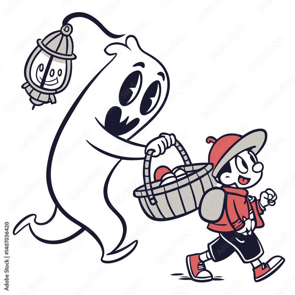 Fototapeta premium Cartoon Ghost Carrying Basket Of Eggs Chasing After Retro Style Boy