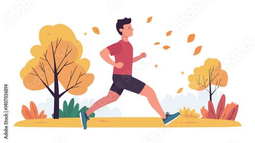 A vector illustration depicting a man jogging in a park during autumn. The style is flat and minimalist, with simple shapes and colors. The man is shown in profile, running to the right.