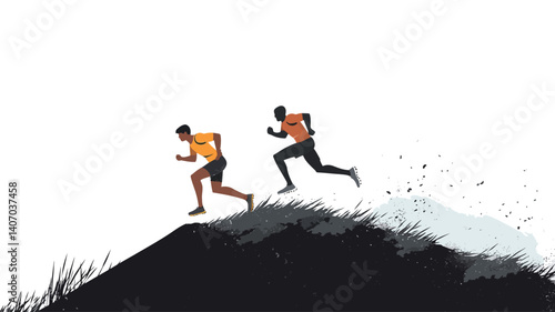 The image depicts a stylized illustration of two male runners in motion, ascending a dark, abstract hill against a white background. The runners are depicted in a minimalist style with solid